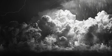 Wall Mural - black and white image of clouds during a thunderstorm, with lightning illuminating the dark sky