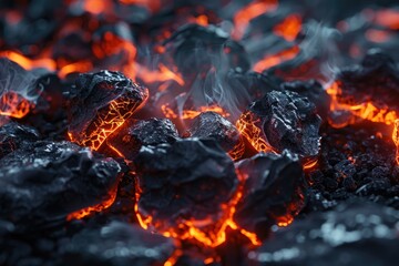 Wall Mural - A close-up view of a bunch of coal on a grill, suitable for use in cooking or fire-related themes