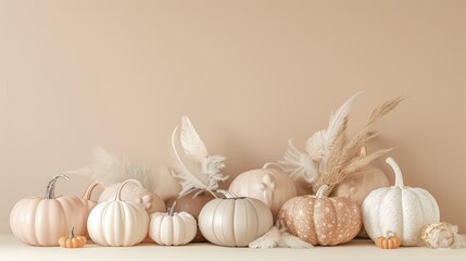 Wall Mural - A collection of white pumpkins placed on a table, perfect for fall decorations or Halloween themes