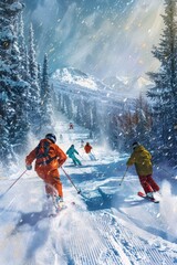 Poster - A couple skiing down a snow-covered mountain, perfect for winter sports and outdoor adventure photography