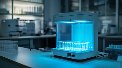 Poster - A high-tech laboratory setup features a illuminated unit designed for conducting experiments. Clear test tubes are positioned inside, showcasing a modern research environment during evening hours.