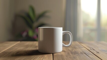 Wall Mural - A single white coffee mug sitting on a wooden table