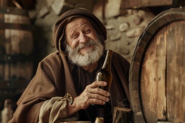 Canvas Print - A person holding a bottle of wine in a brown robe, great for food and beverage themes or everyday life scenes