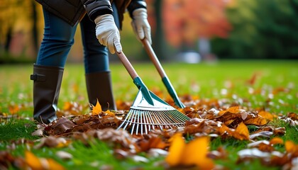 Woman in a jacket and white gloves raking vibrant autumn leaves on a lush green lawn