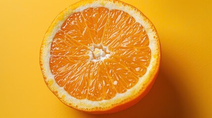 Wall Mural - A close-up of a halved orange on a bright yellow background.