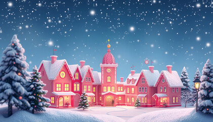 little pink winter Christmas town,  whimsical art, background, digital art, illustration isolated with white highlights, png