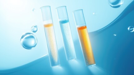 three test tubes in blue background with 3 different skincare sciency ingredients, high contrast, precious looking, light accentuates from back