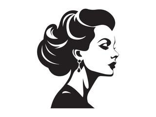 Wall Mural - Elegant black silhouette of a woman with earrings and a sophisticated hairstyle. Concept of beauty, glamour, vintage style, and women's fashion. Ideal for prints, icons, and design elements