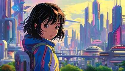 Wall Mural - Futuristic City Adventure of a Female Elementary Student in Vibrant Japanese Anime Style