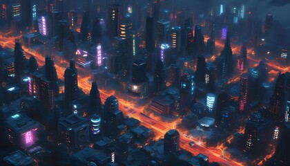 Wall Mural - Vibrant Isometric Futuristic Cityscape Illuminated by Night Lights in a Cyberpunk Aesthetic