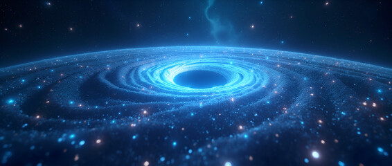 Energetic cosmic vortex surrounding a black hole illuminated by glowing blue light