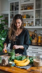 Wall Mural - Healthy Green Smoothie Preparation in Modern Kitchen with Fresh Ingredients for Nutritious Lifestyle