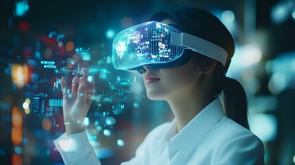 businesswoman using vr headset, metaverse technology, virtual reality, futuristic business, innovati