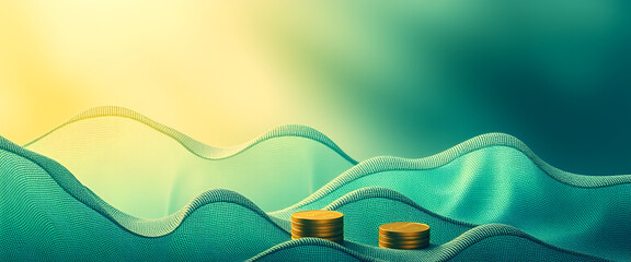 An evocative background featuring coins and fluid waves, symbolizing financial growth and prosperity, perfect for finance-related banners and presentations.