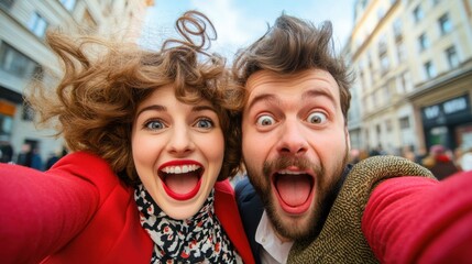 Canvas Print - A man and woman taking a selfie in the city, AI