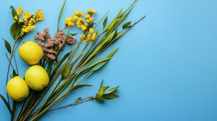 Poster - Lemons, Flowers, and Greenery on a Blue Background