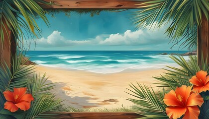 Tropical beach scene with sandy texture, shadows, and summer vibes, framed by sunlit space and a peaceful environment