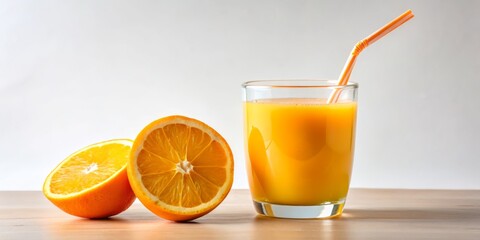 A Glass of Orange Juice with a Straw and Two Orange Halves on a Wooden Table, Close-up, Glass, Orange Juice, Fruit