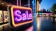 © sa-photo - A sleek 'Sale' neon sign glowing in multiple colors, floating above a dark retail storefront, highlighting big discounts.