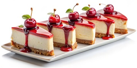 Close-up of Five Cherry Cheesecake Slices with Drizzled Glaze, White Background, Food Photography, Dessert, Cheesecake, Cherry