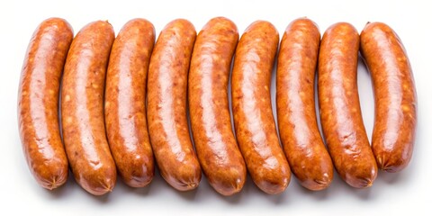 Eight Shiny Brown Sausages on White Background, sausage, food, breakfast