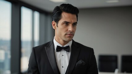 adult black hair white man in black formal attire model portrait looking confident on an office background for ad concept space for text