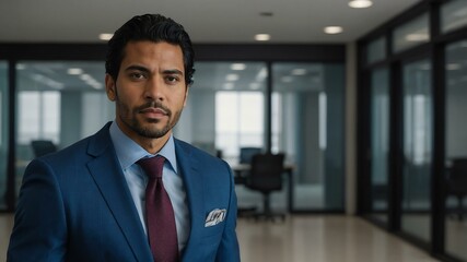 adult black hair hispanic man in blue formal attire model portrait looking confident on an office background for ad concept space for text