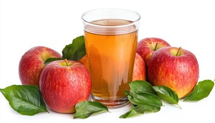 Wall Mural - Apple juice in glass with red apples and green leaves on white background