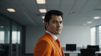 adult black hair finnougric man in orange formal attire model portrait looking confident on an office background for ad concept space for text