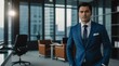 © Alteisen Riese - adult black hair finnougric man in blue formal attire model portrait looking confident on an office background for ad concept space for text