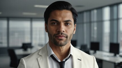 adult black hair european man in white formal attire model portrait looking confident on an office background for ad concept space for text