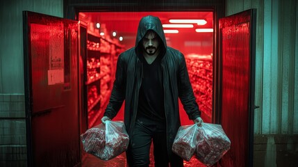 A man in a black hoodie with the hood up is walking out of the store at night, holding two bags full of meat and frozen food