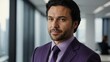 © Alteisen Riese - adult black hair caucasian man in purple formal attire model portrait looking confident on an office background for ad concept space for text