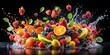 © Working Moments - Water Splashing on a Mix of Berries and Citrus Fruit, black background, photography, fresh fruits, healthy food, water splash, fruit salad