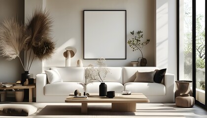 Wall Mural - Modern Japandi Fusion: Black Coffee Art, White Square Poster, Pampas Grass, and Stylish Interior Accents for a Contemporary Living Room