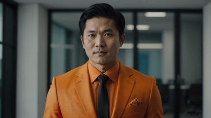 adult black hair asian man in orange formal attire model portrait looking confident on an office background for ad concept space for text