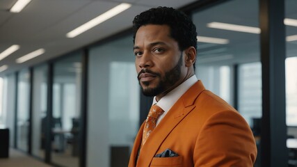 adult black hair american man in orange formal attire model portrait looking confident on an office background for ad concept space for text