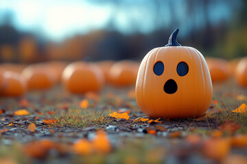 A ghost scaring a group of pumpkins in a field. Halloween pumpkin in the field. Halloween pumpkin and ghost