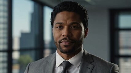 adult black hair american man in gray formal attire model portrait looking confident on an office background for ad concept space for text