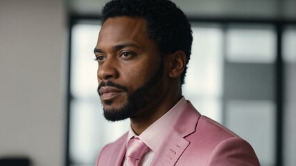 adult black hair african man in pink formal attire model portrait looking confident on an office background for ad concept space for text