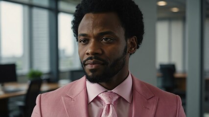 adult black hair african man in pink formal attire model portrait looking confident on an office background for ad concept space for text