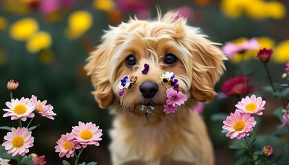 Humorous Portrait of a Dog Sneezing Amidst Vibrant Summer Blossoms in a Park Garden