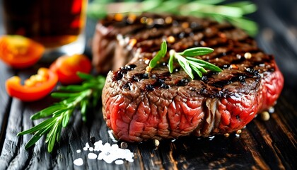 Wall Mural - Grilled beef rump steak with rosemary and pepper on a black stone table, accompanied by beer and a close-up of raw fillet tenderloin on a rustic wooden board