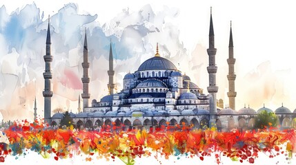 Watercolor illustration of a mosque with six minarets against a cloudy sky.