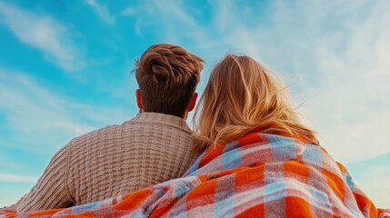 Wall Mural - A man and woman sitting on a blanket under the sky, AI