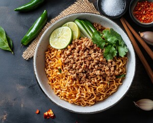 Canvas Print - Bird s eye view of instant noodles with dry minced pork in a white bowl accompanied by chilli sugar cups and Thai spices combining Thai Asian flavors