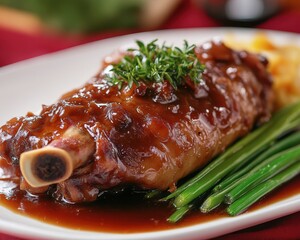 Wall Mural - Braised pork trotters in red wine sauce with green vegetables on red tablecloth served in Asian restaurant