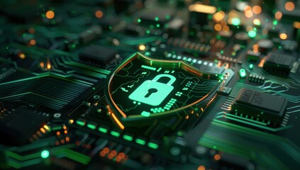 cyber attack warning with a green padlock icon indicating a breach in internet security