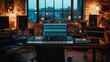 © SKIMP Art - an empty music studio with computer monitors and mixing desk In the background, a window looks out to blue hour lighting Generative AI