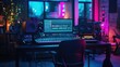 © SKIMP Art - an empty music studio with analog and digital sound mixing console, monitors, recording equipment, and headphones on the desk Generative AI
